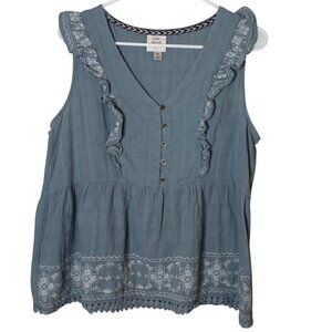 Knox Rose Womens XL Embroidered Ruffle Peplum Tank Top Blue Boho Cottagecore